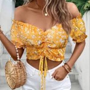 Yellow Floral Off-Shoulder Crop Top